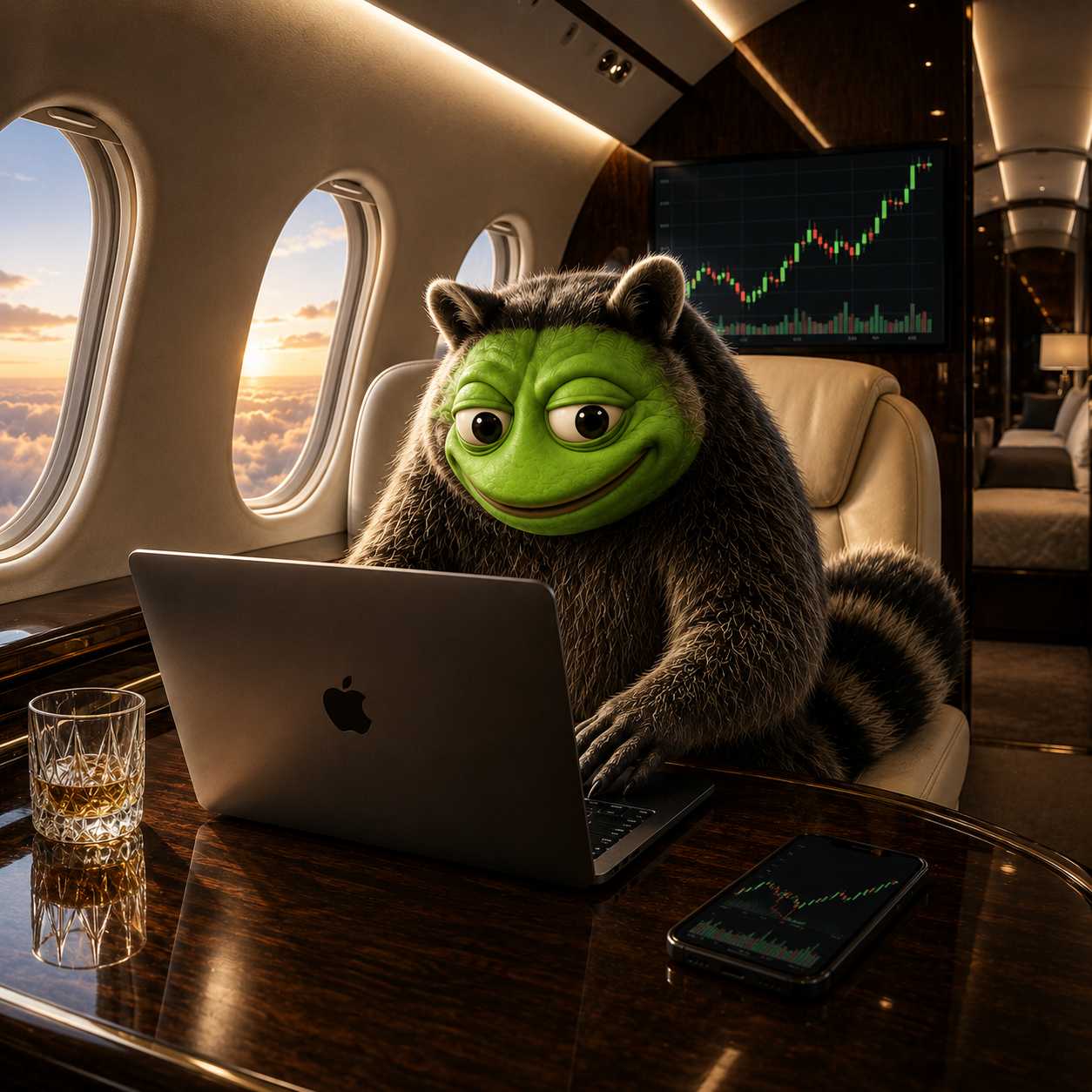 JIMTOAD working on a laptop inside a private jet above the clouds with a candlestick chart on the cabin screen