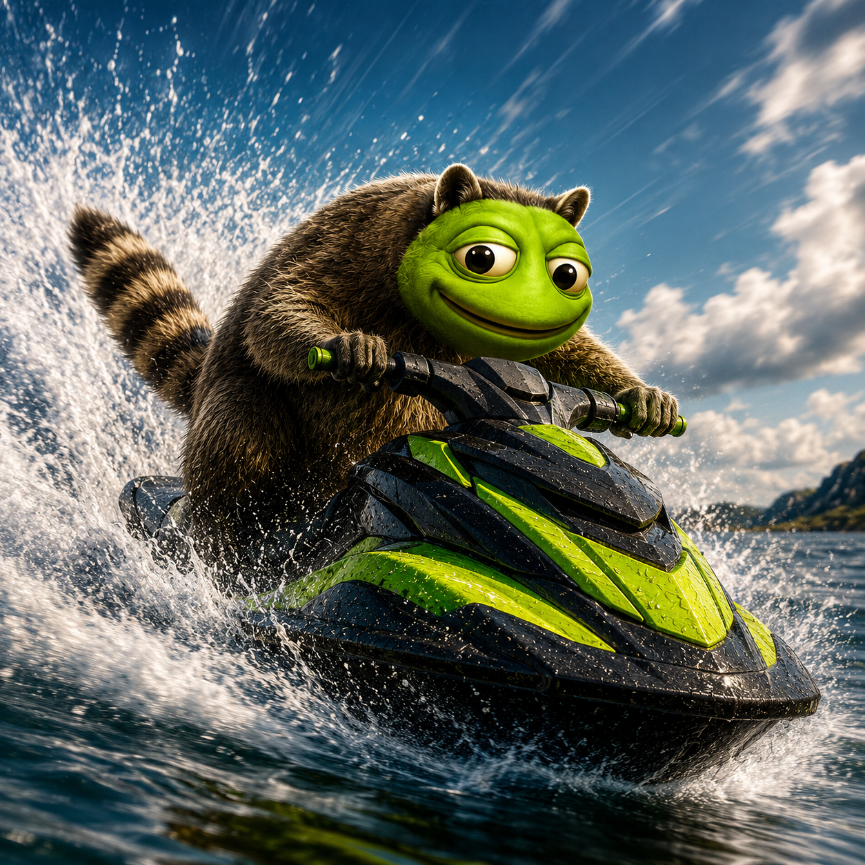 JIMTOAD riding a green and black jet ski at high speed across open water