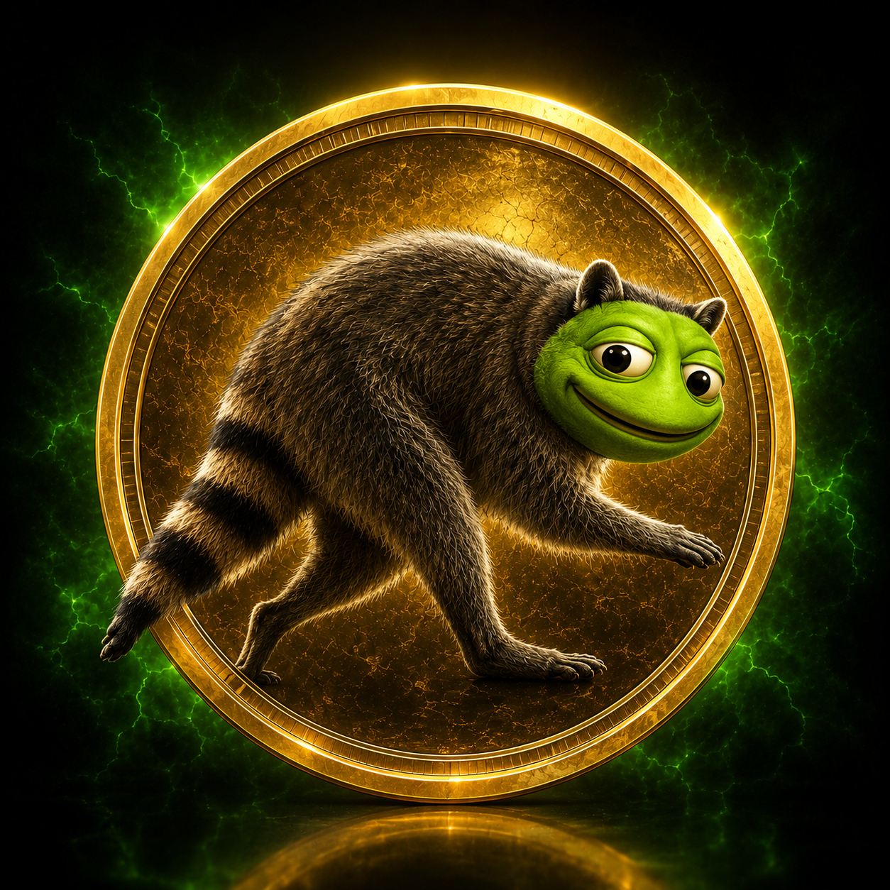 JIMTOAD: a mutated raccoon with a green toad head struck onto a glowing gold coin
