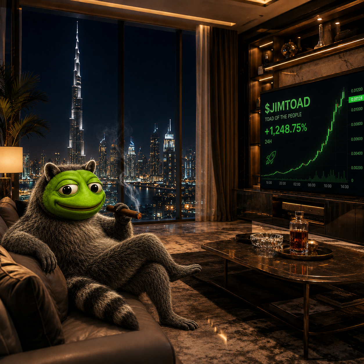 JIMTOAD smoking a cigar on a leather couch in a Dubai penthouse while a screen shows the $JIMTOAD chart up 1,248 percent