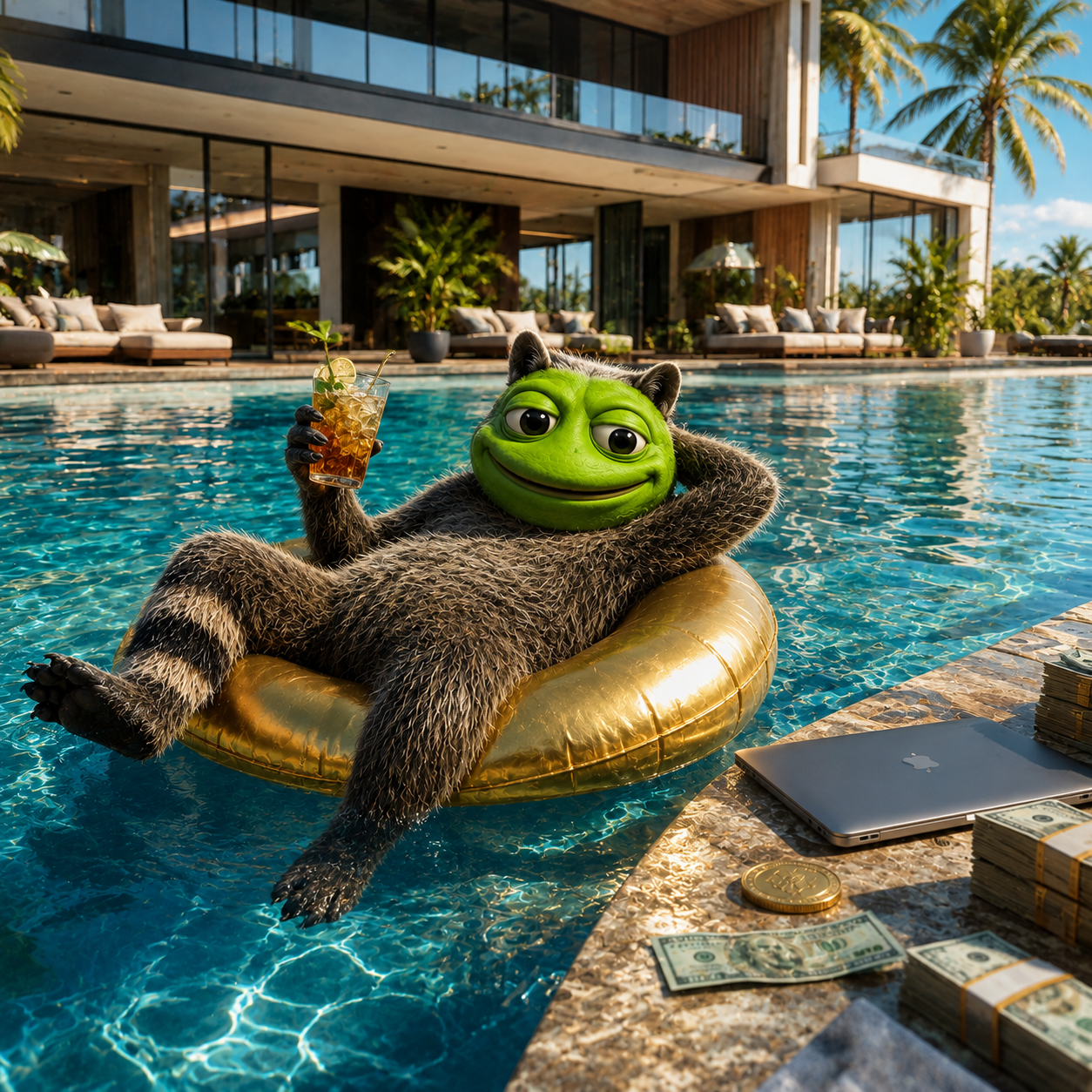 JIMTOAD floating on a gold pool ring at a luxury villa with cash and a laptop on the poolside